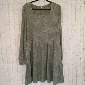 NWOT Women's 2XL Sage Green Ribbed Knit Tiered Babydoll Dress Square Neck